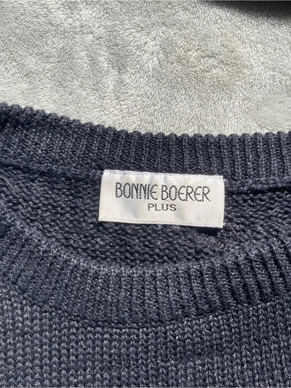 Bonnie Boerer Vintage 1980s Lurex Blue knit sweater trompe-l’œil necklace design